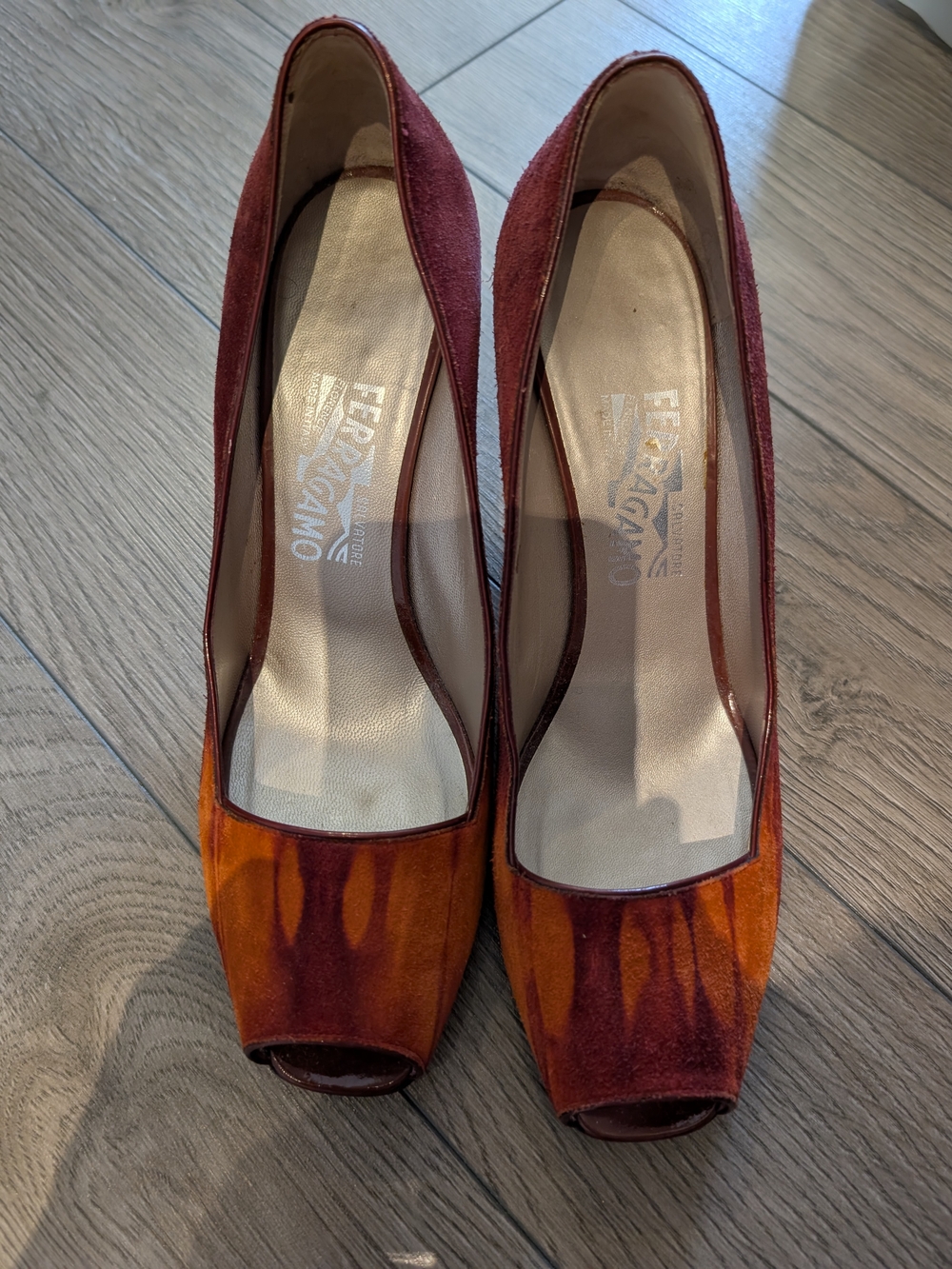 Salvatore Ferragamo Women's Two-Tone Red Orange Peep-Toe Pumps